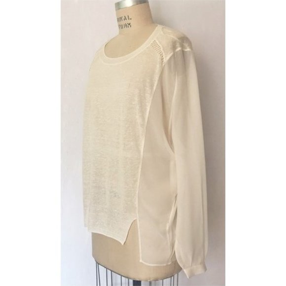 H&M CREAM FINE KNIT MIXED MEDIA CHIFFON SLEEVE LINEN BLEND SWEATER 12 NWT - Picture 4 of 9